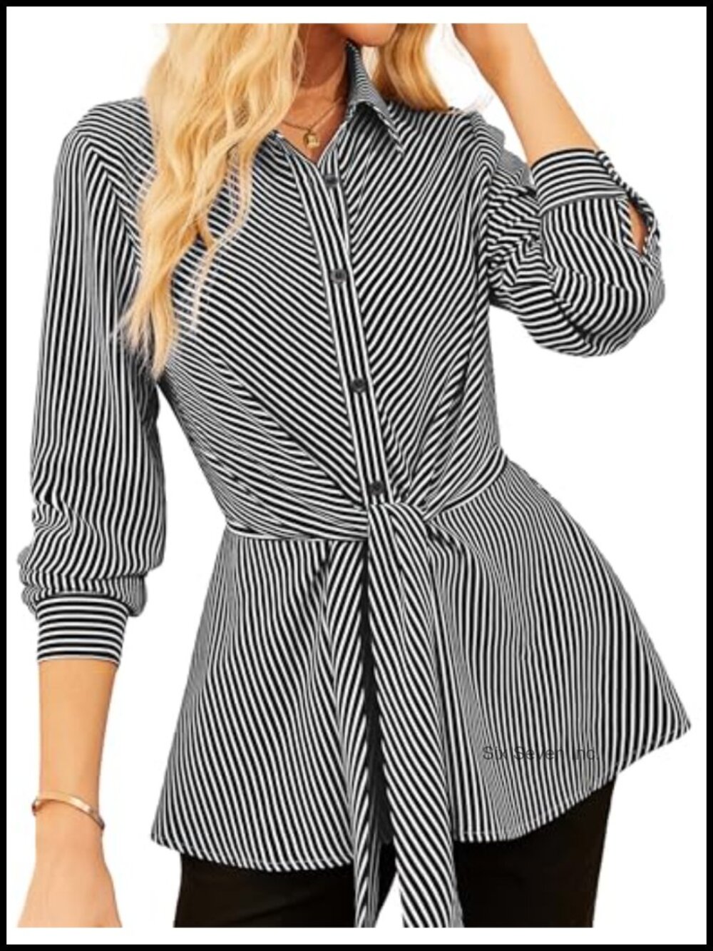 Peplum Tie Front Striped Button Down Blouse Long Sleeve Collared Work Top